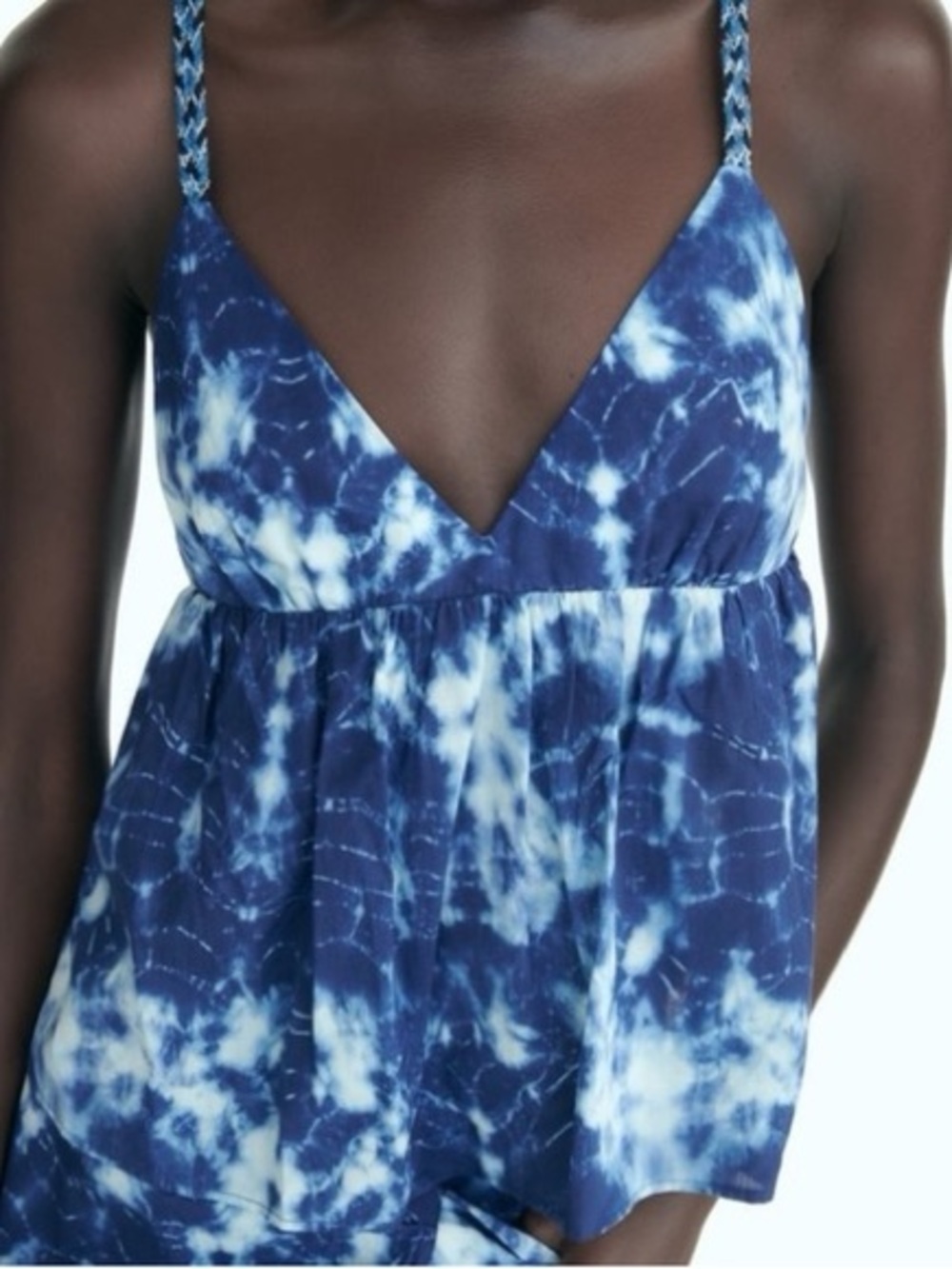 Zara Blue & White Open Back Tie Dye Braided Straps Sleeveless Cami Size Small